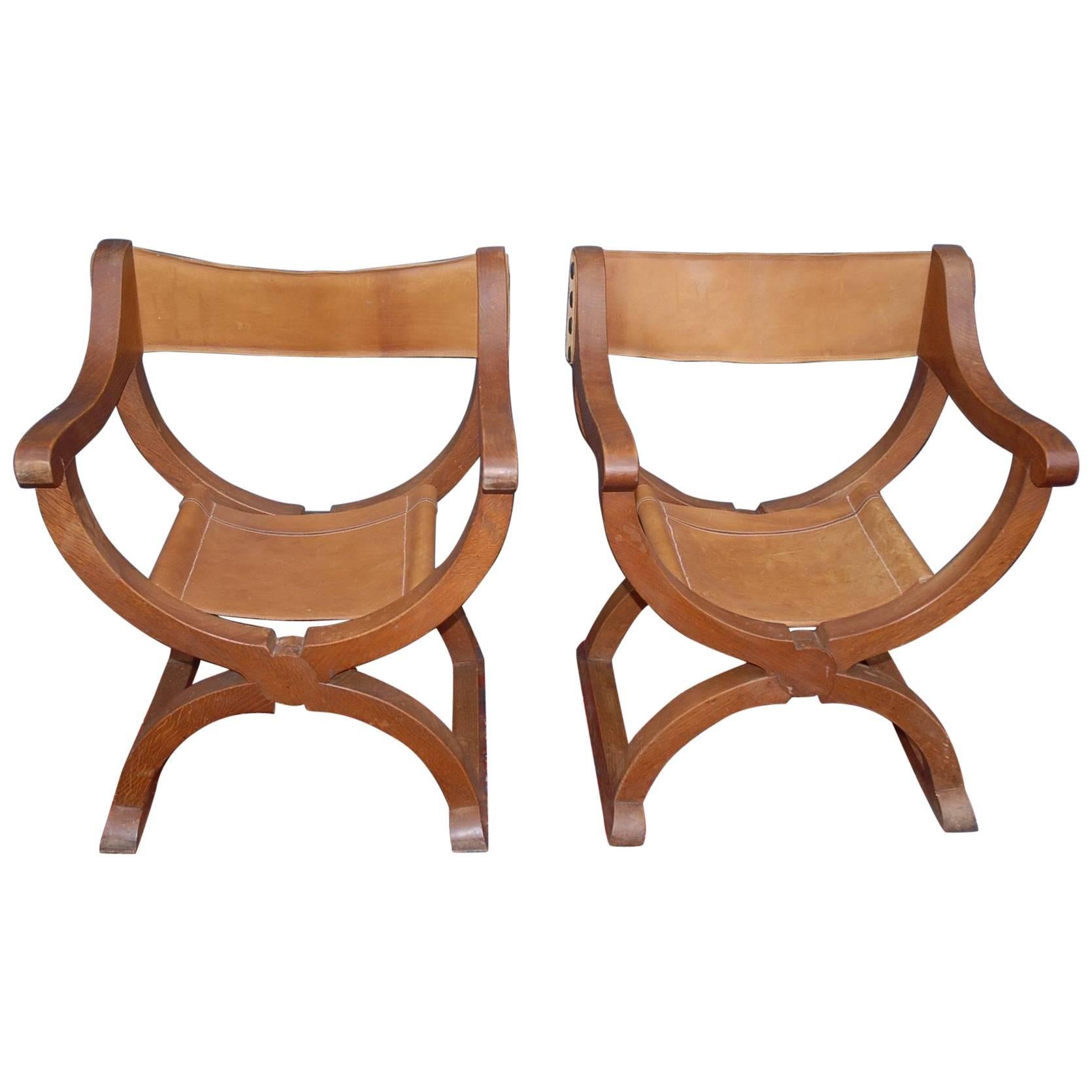 Raro par de Sillones Dagobert de madera de roble de mediados de siglo con estructura en X y asientos y respaldo de cuero