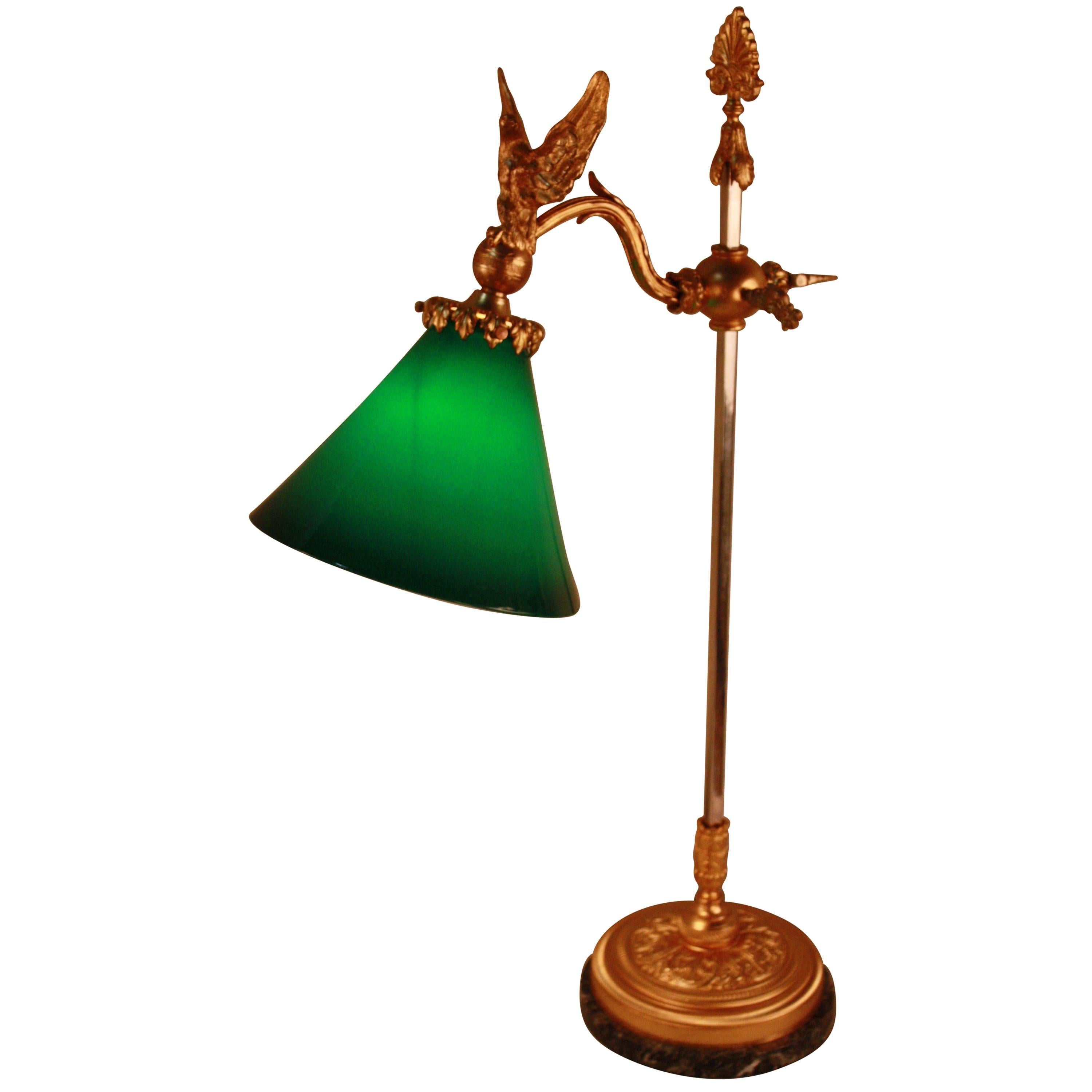 French Bronze Eagle Desk Lamp with Cased Green Shade