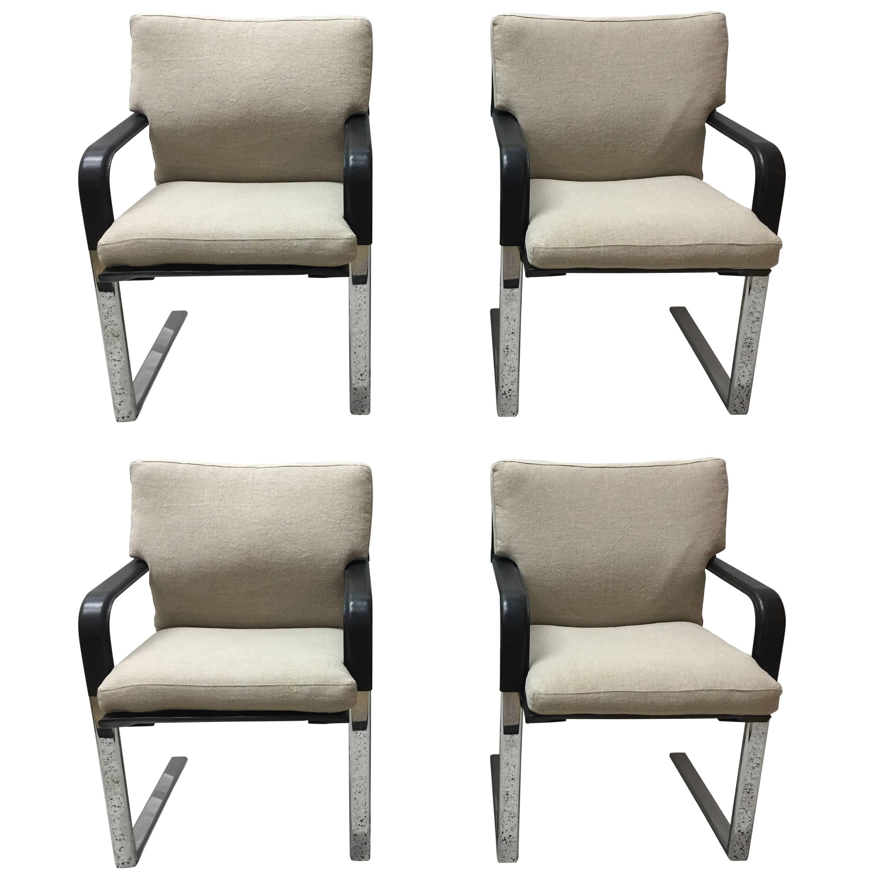 Set of Four Matteo Grassi Stitched Leather and Chrome Dining Chairs