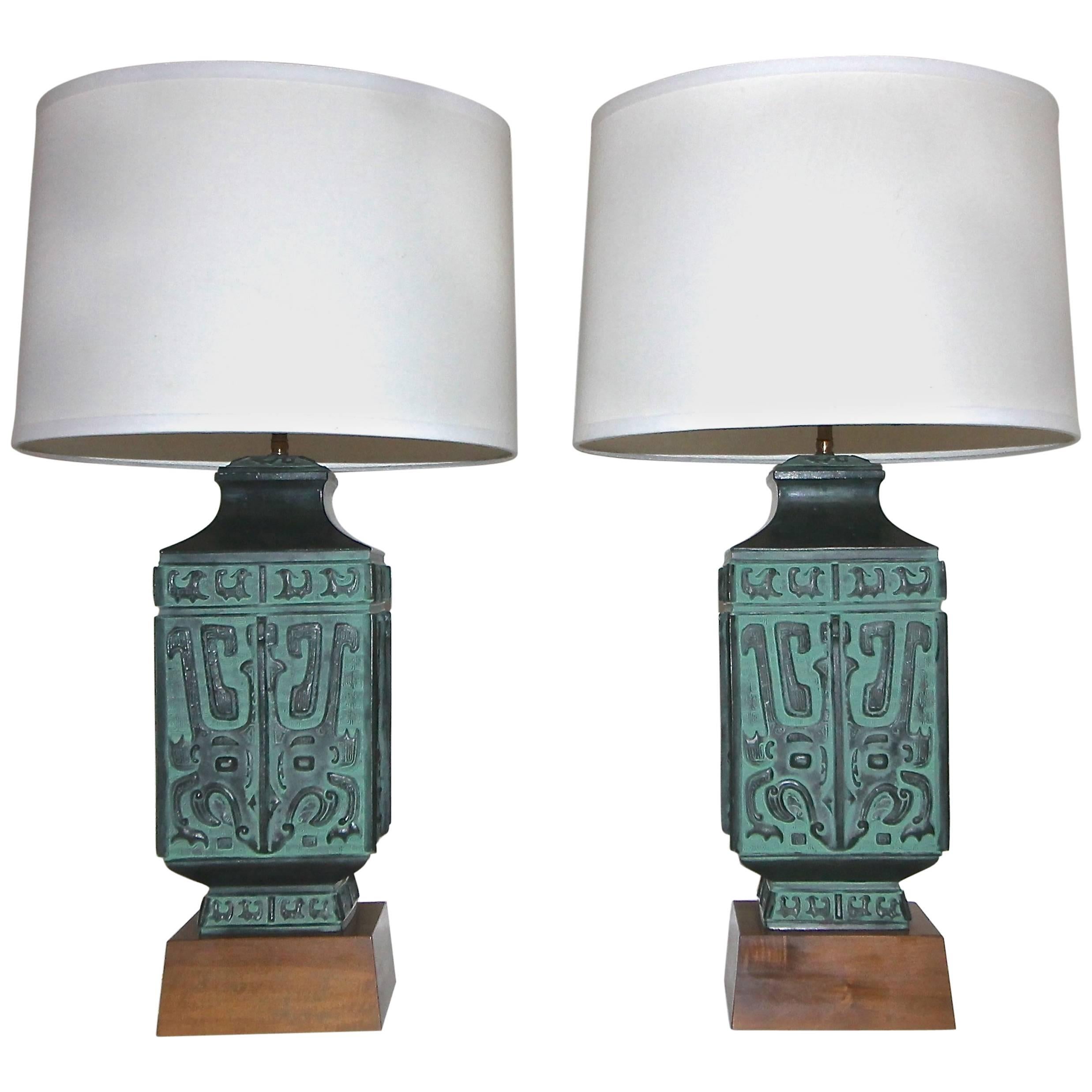 Pair of James Mont Style Asian Patinated Bronze Table Lamps