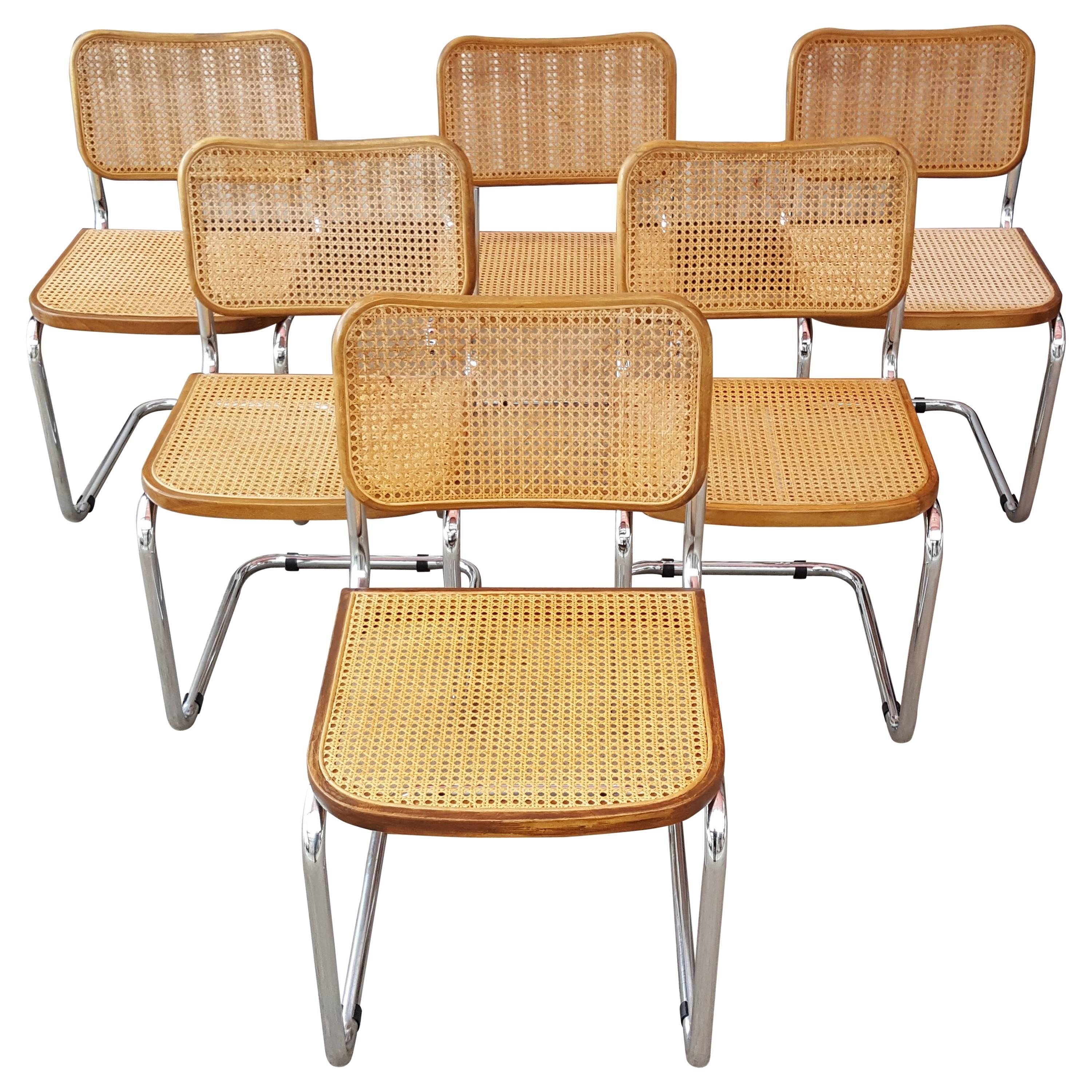 Marcel Breuer "Cesca" Tubular Chrome Steel and Cane Dining Chairs