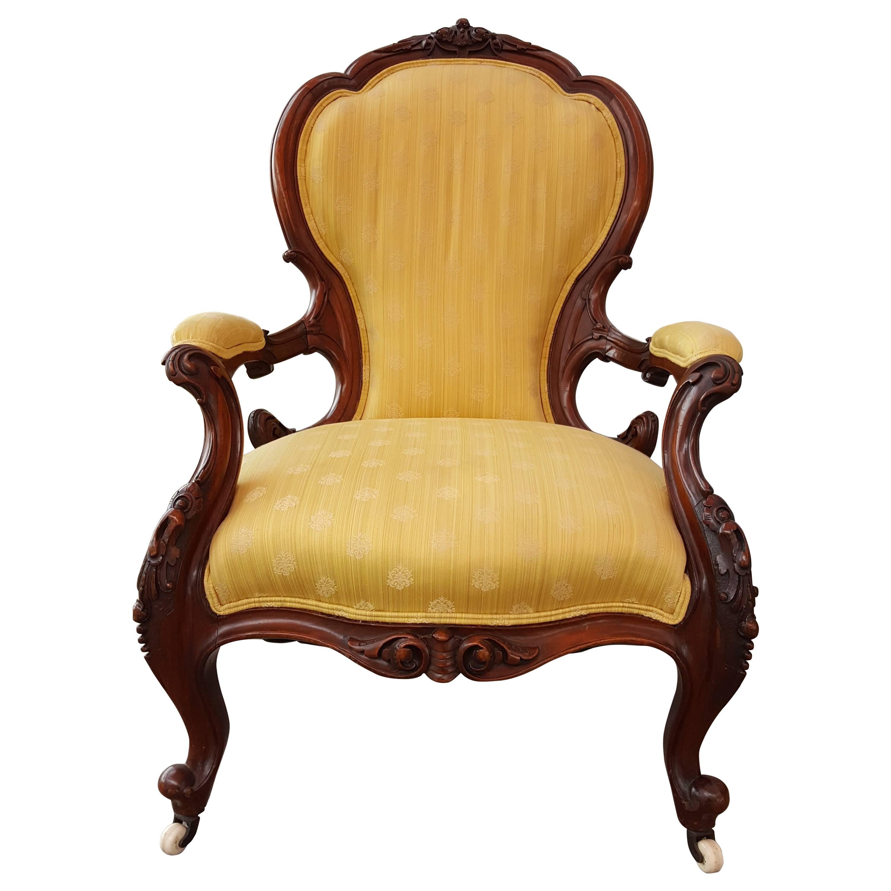 19th Century Hand-Carved Victorian Parlor Chair For Sale