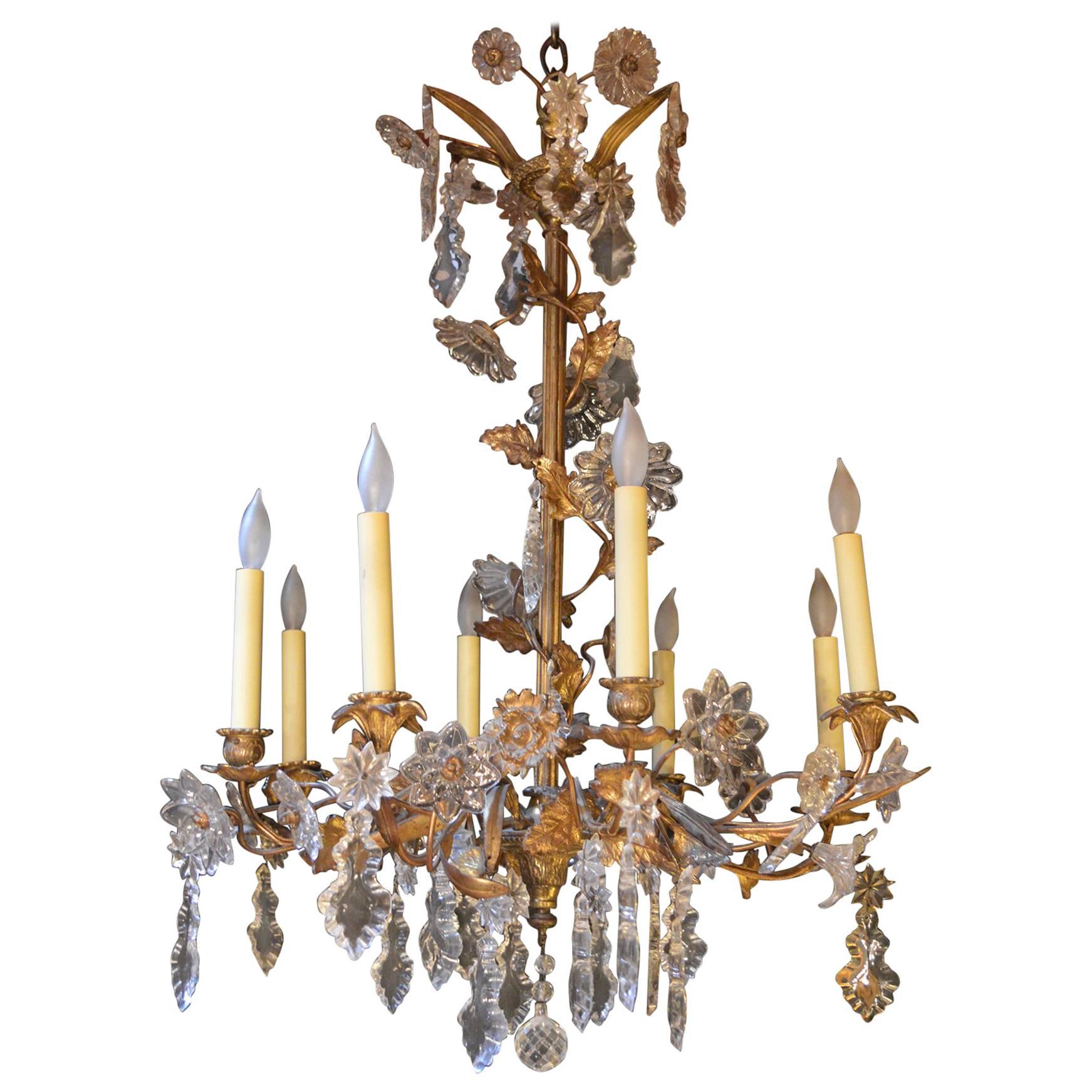 Floral Detail Brass and Crystal Chandelier For Sale
