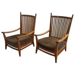 1930-1940, Rare Pair of Modernist Design Oak Lounge Chairs by Bas Van Pelt
