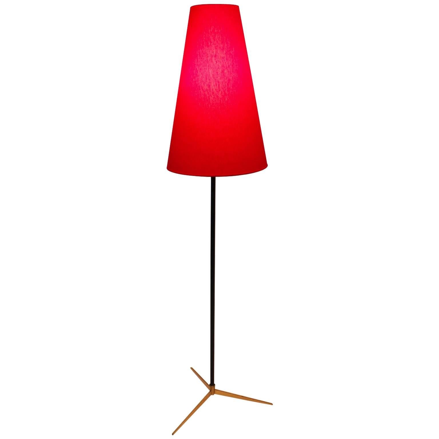 Mid Century Modern Vintage Red Brass Tripod Kalmar Floor Lamp by 1960, Vienna For Sale