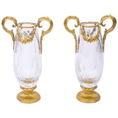 Retro Pair of French Crystal and Gilded Ormolu Vases