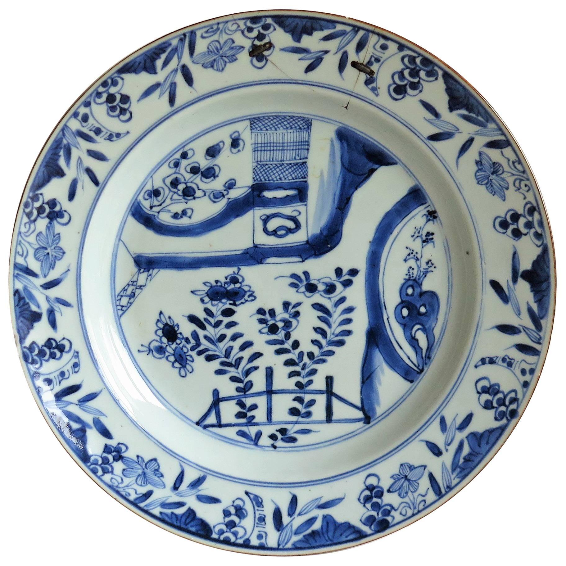 Large 18thC. Chinese Plate Porcelain Blue and White Rivet Repair, Qing Ca. 1720