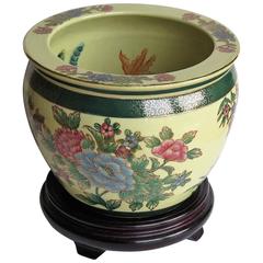 Vintage Chinese Fish Bowl or Jardiniere, Porcelain, with Wood Stand, Ca. 1930