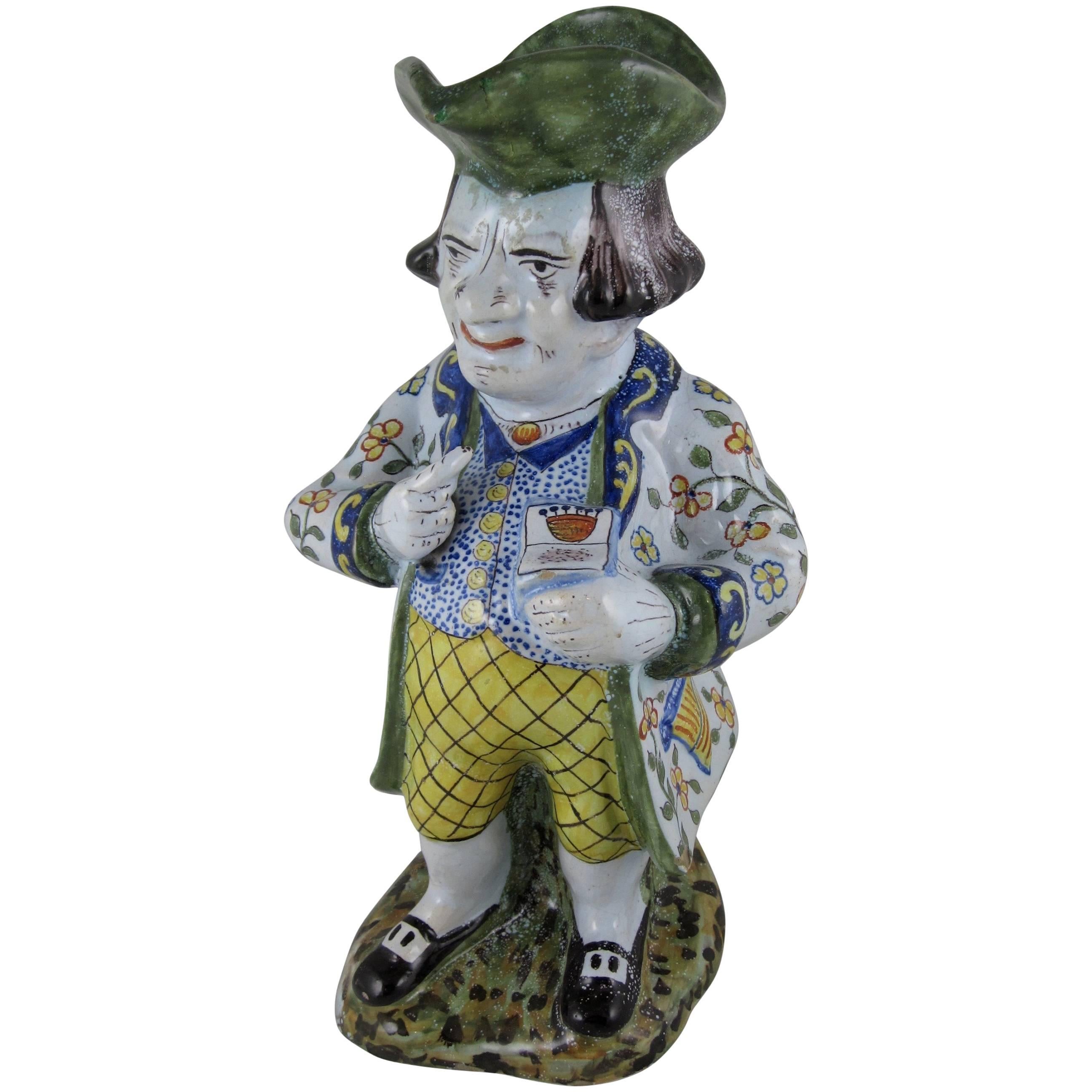 Desvres French Faience Figural Tavern Jug, 'The Snuff Taker'