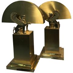 Vintage Wonderful Pair of Brass Table Lamps with Winged Lions in the Style of Versace