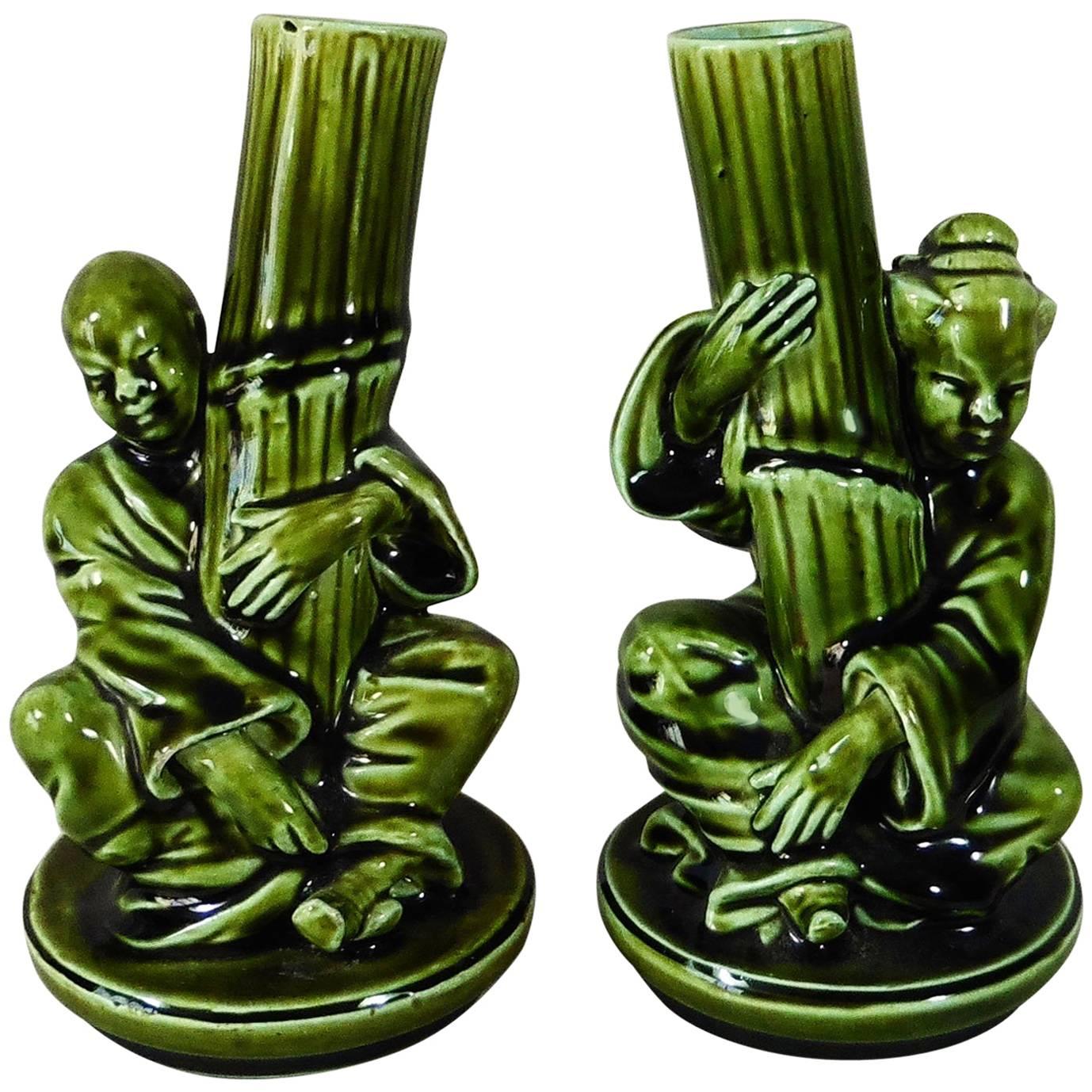 Pair of 19th Green Majolica Japonese Vases Sarreguemines