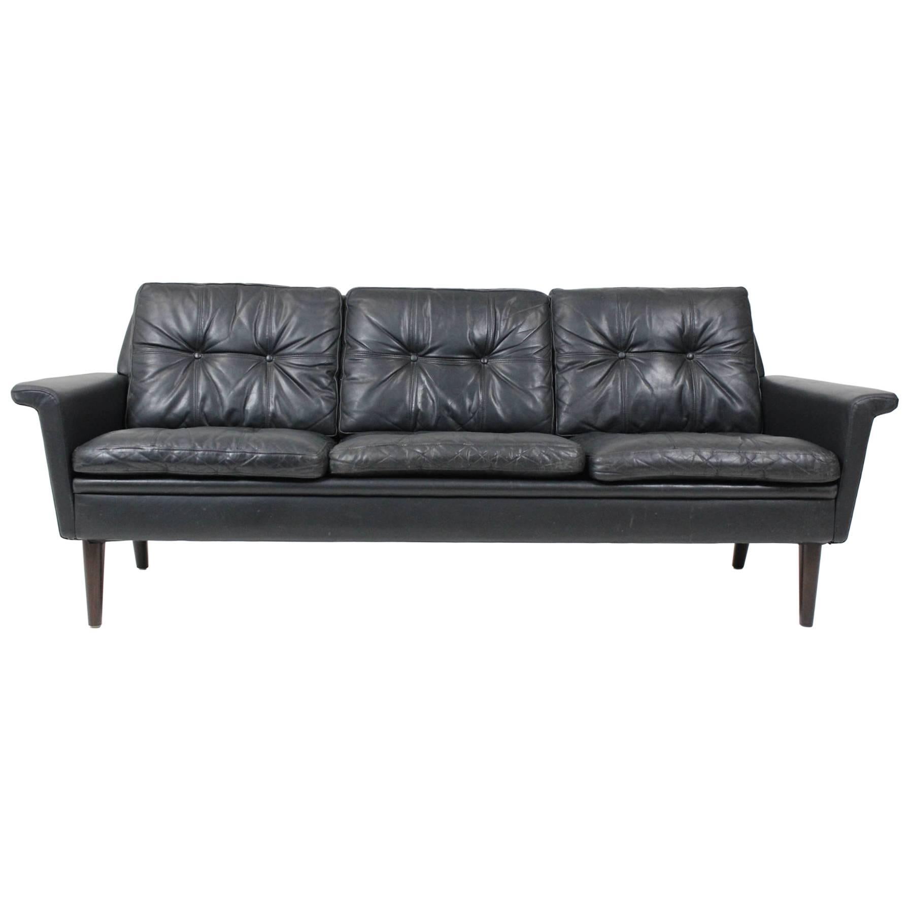 Hans Olsen Three-Seat Sofa in Black Patinated Leather