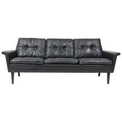 Hans Olsen Three-Seat Sofa in Black Patinated Leather