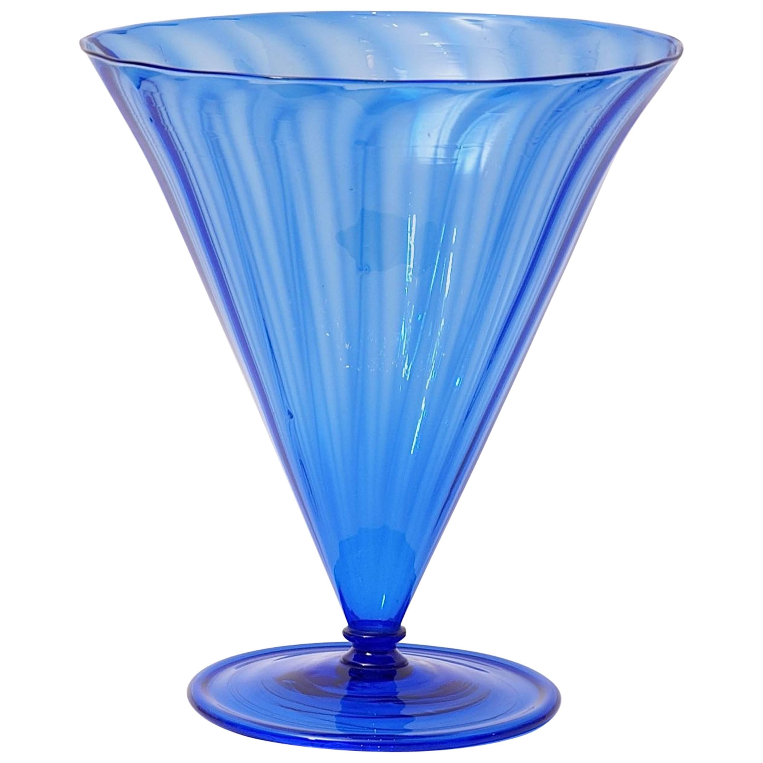 Large Art Deco Soffiati Venini Murano Blue Glass Vase Design by Martinuzzi For Sale