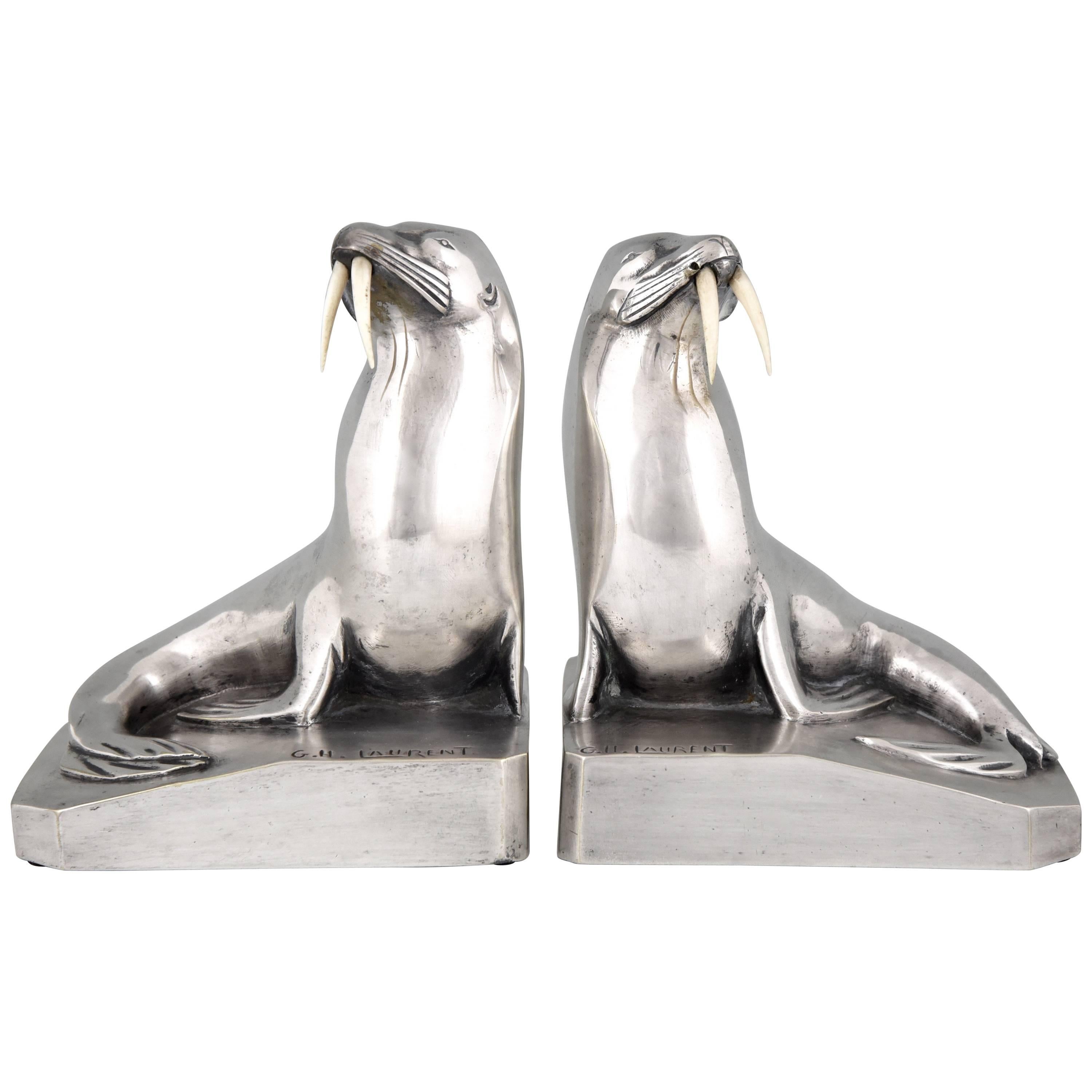 Art Deco Silvered Bronze Walrus Bookends by G. H. Laurent France