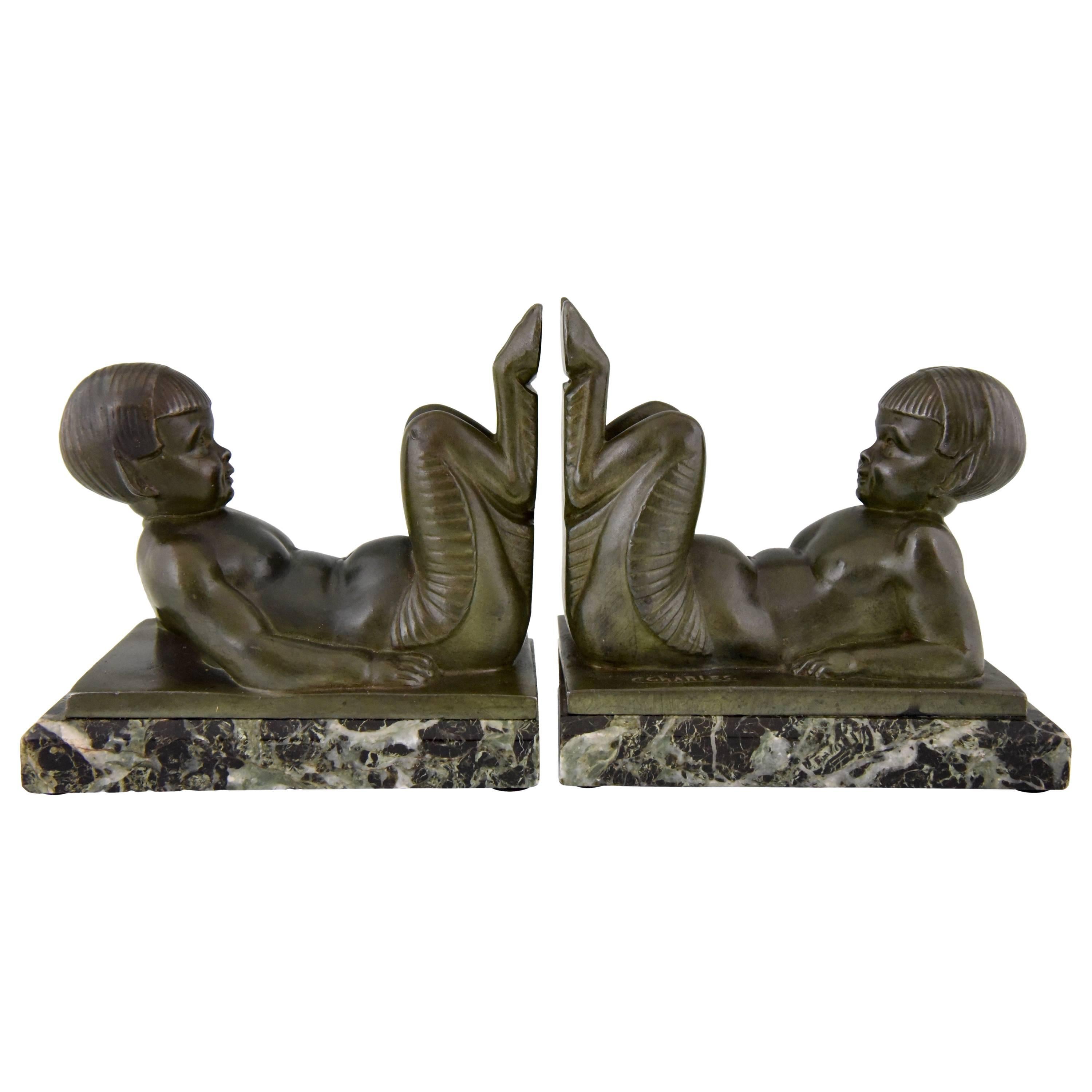French Art Deco Bookends Young Satyrs by C. Charles on Marble Base, 1930