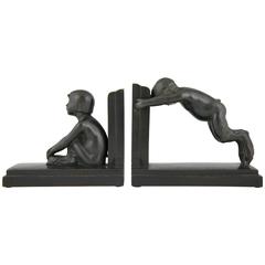 Art Deco Bronze Bookends Young Satyrs by Paul Silvestre, 1920 France