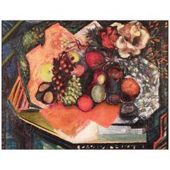 « Table with Fruit » (table avec fruits), Vivid Cubist Still Live in Oranges and Greens