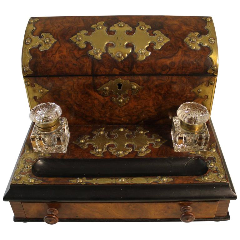 English Burl Walnut Desk Set Stationary Box With Inkwells And Pen English Burl Walnut Desk Set Stationary Box With Inkwells And Pen Holder For