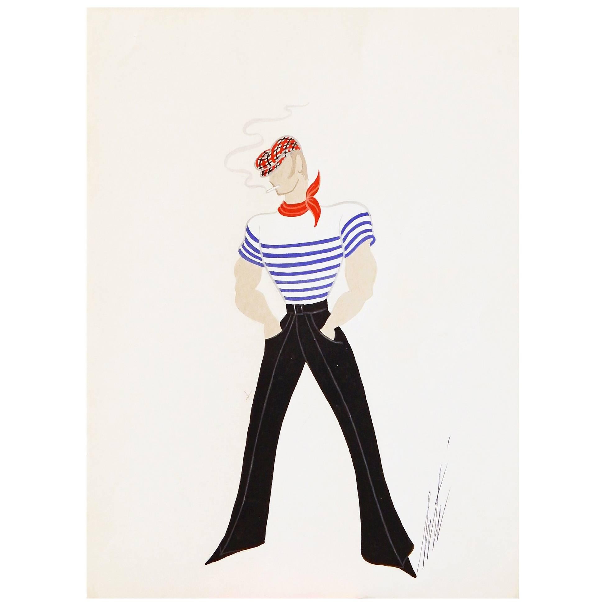 "Sailor with Tartan Cap, " Superb Art Deco Gouache by Romain de Tirtoff 'Erté'