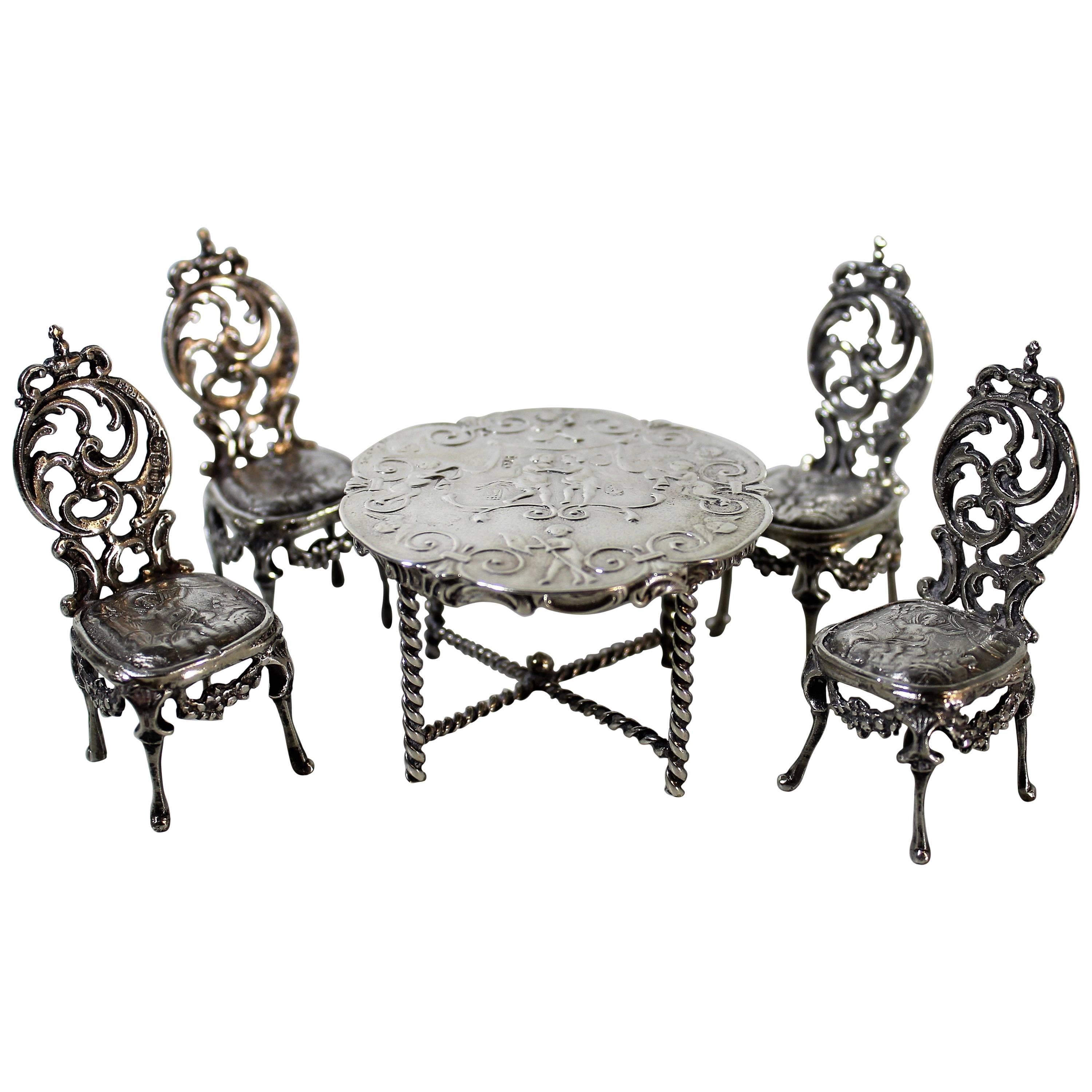 Edwin Thompson Bryant Sterling Silver French Louis XV, Doll Table and Chairs For Sale