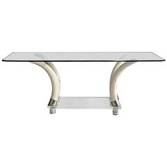 1970'S French Large Lucite Slab  & Faux Tusk Glass Top Table