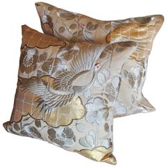 Pair of Japanese Silk Wedding Kimono Pillows, Silver and Gold Metallic Threads