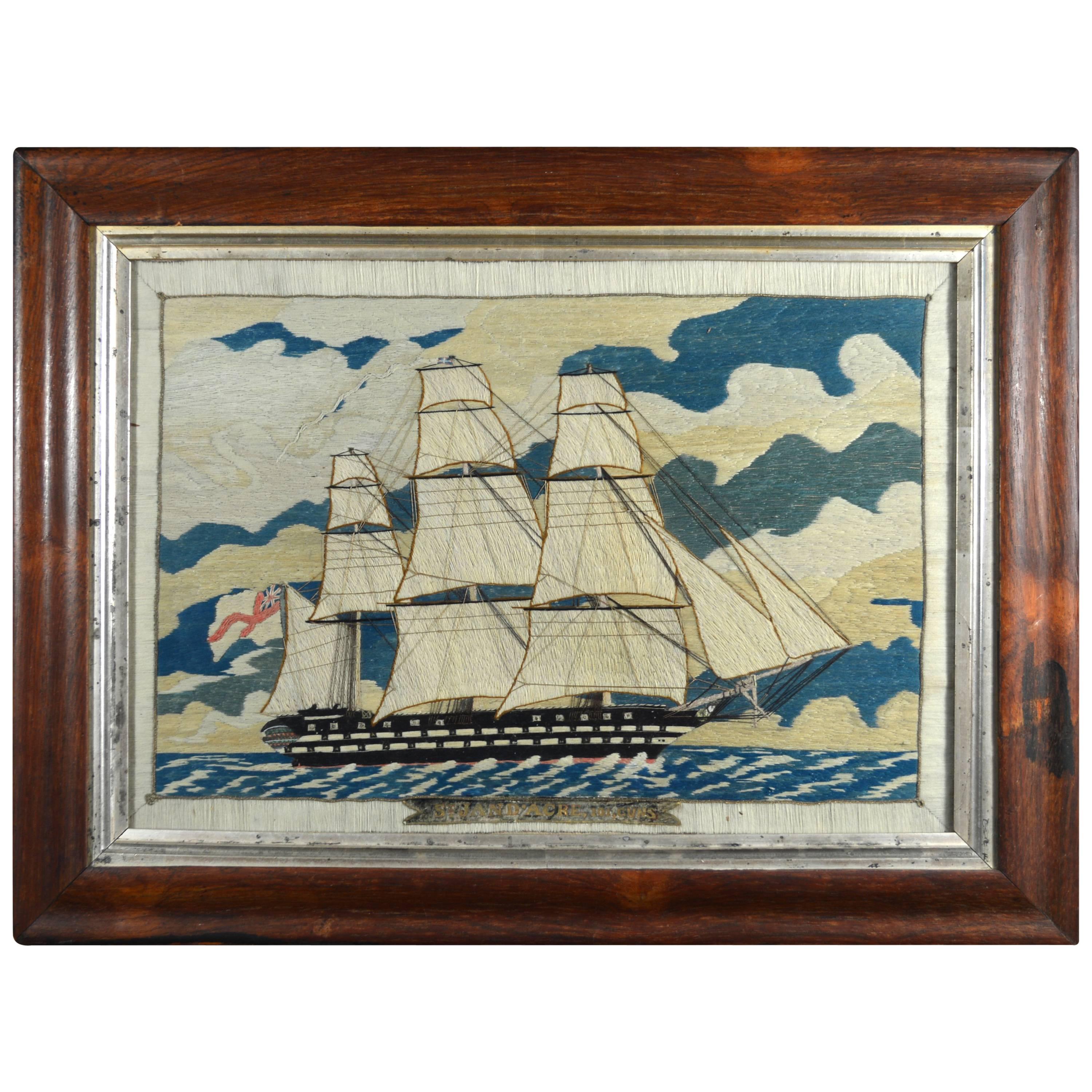 English Sailor's Woolwork Picture of the Named St. Jean D' Arcre, 101 Guns