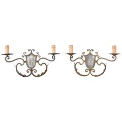 Pair of Italian Gilt Metal and Mirrored Two-Arm Sconces