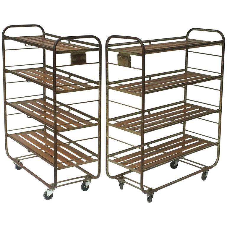 French Industrial Rolling Racks of Steel and Wood, Two Available For