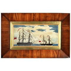 Rare Sailor's Wool work of a First Rate Battle Ship Being Towed