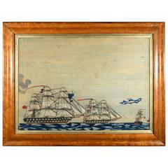 Sailor's Wool Work of Three Ships Including an American Ship