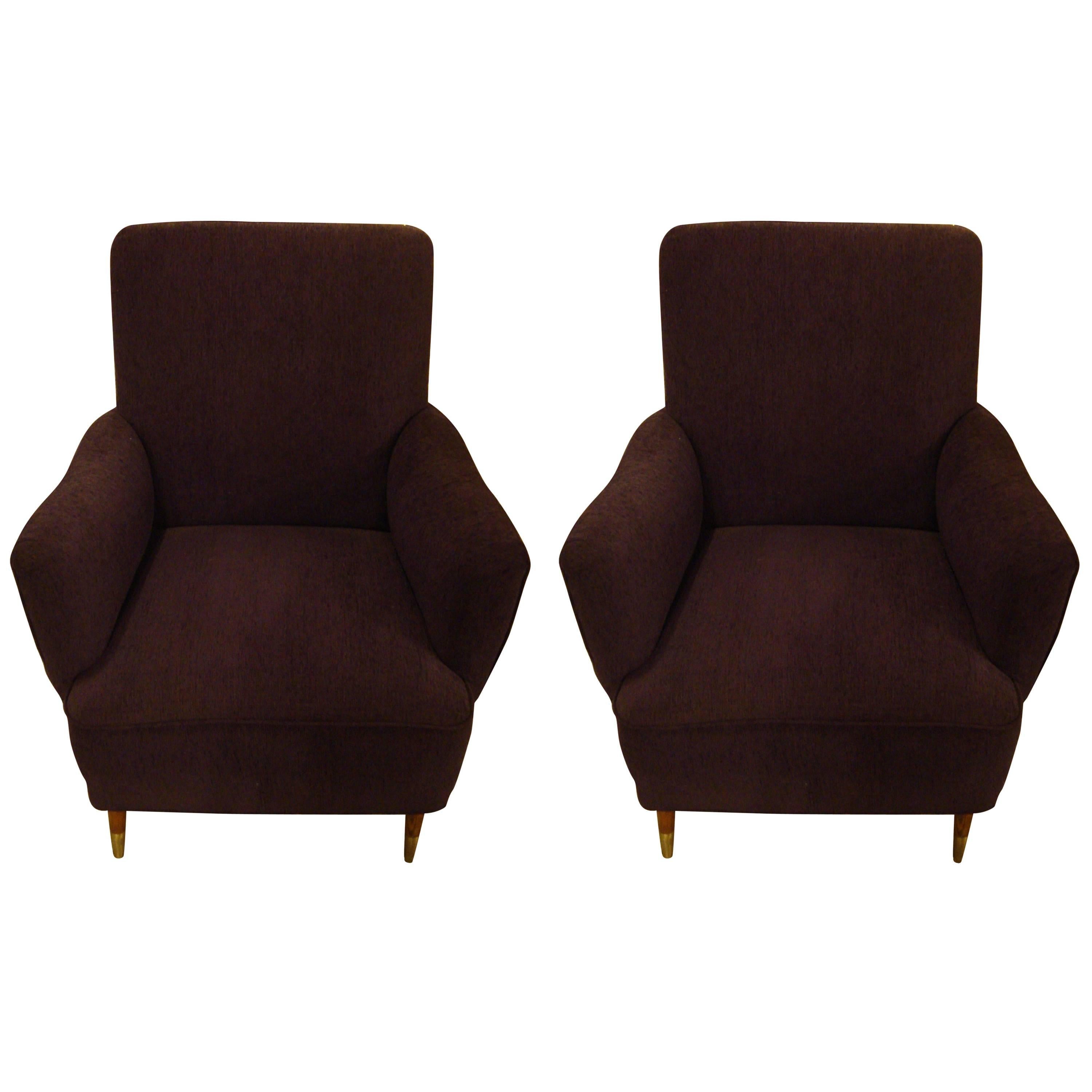 Pair of Gio Ponti Style Mid Century Modern Arm Lounge Chairs