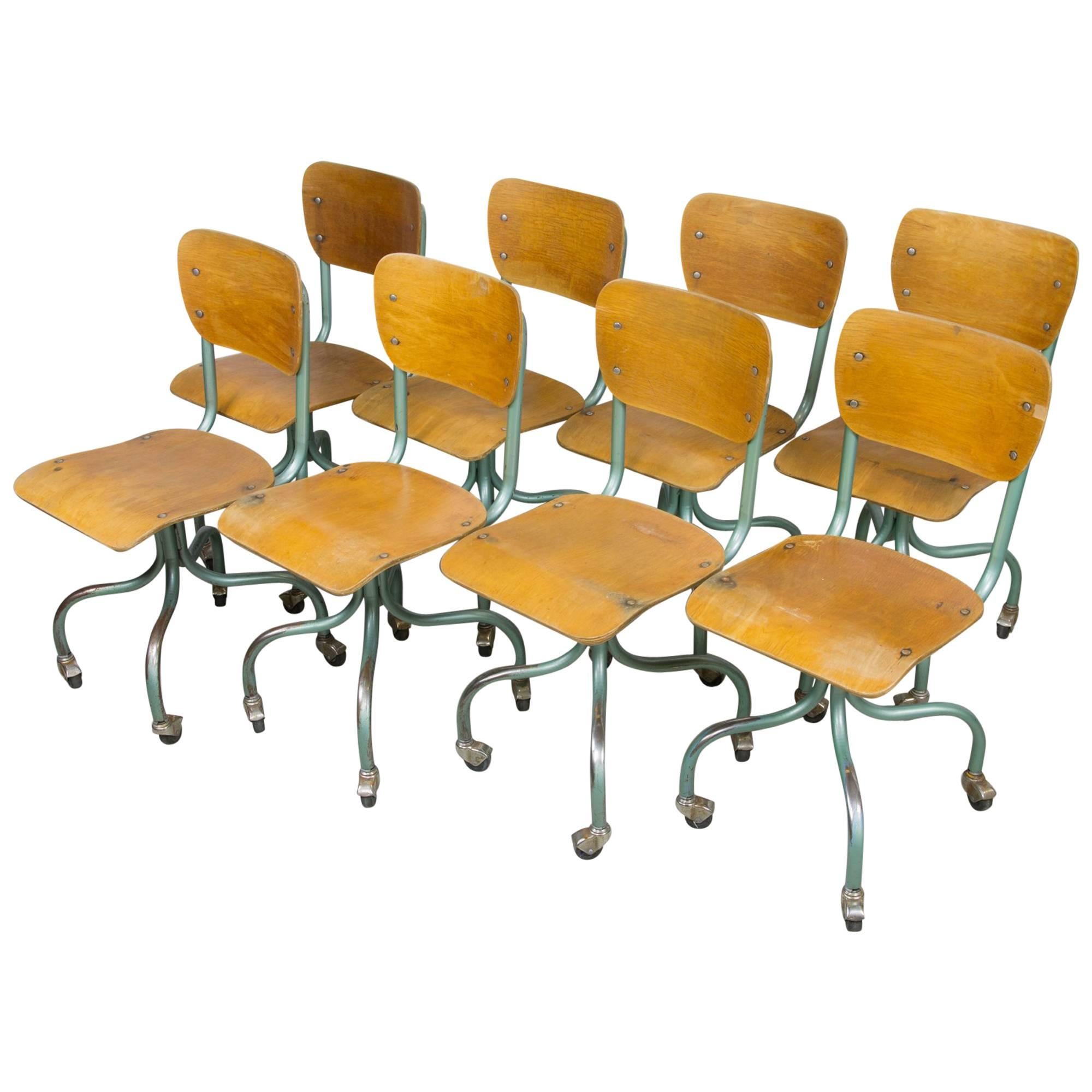 Set of Eight Plywood Rolling School Chairs