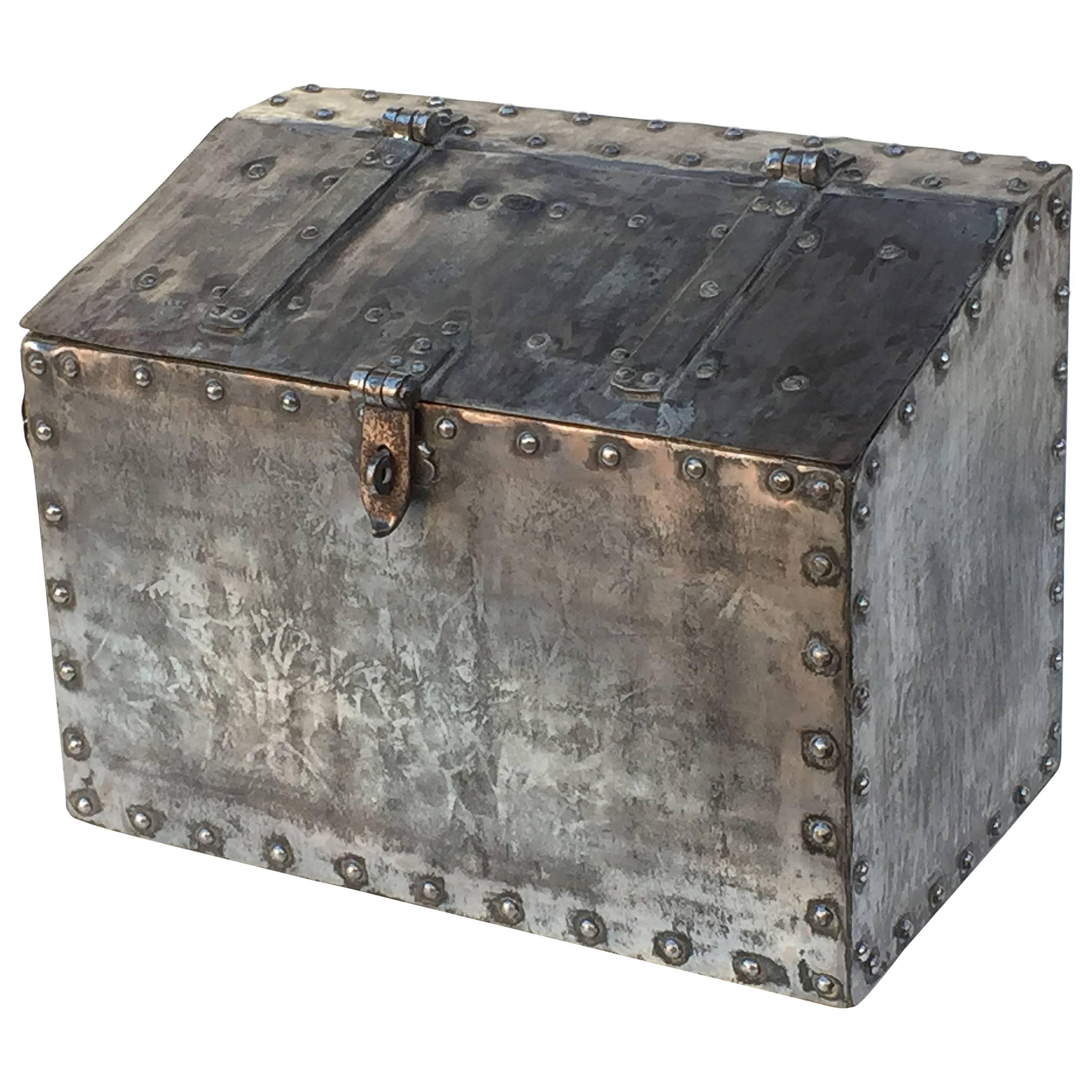 Large English Trunk of Polished Iron from the 19th Century