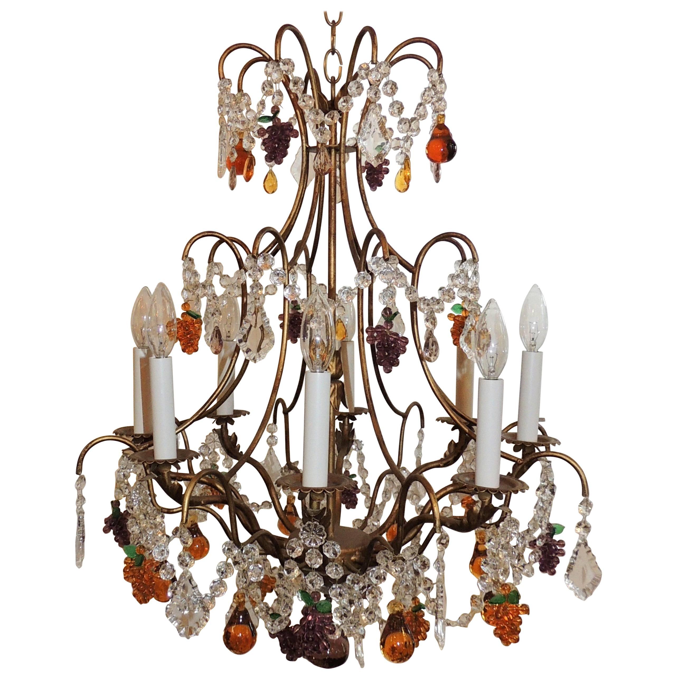 Vintage Italian Venetian Gilt Fruit Eight-Light Crystal Chandelier Fixture