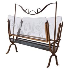 Hollywood Regency Italian Magazine Rack Holder in Brass and Glass 2