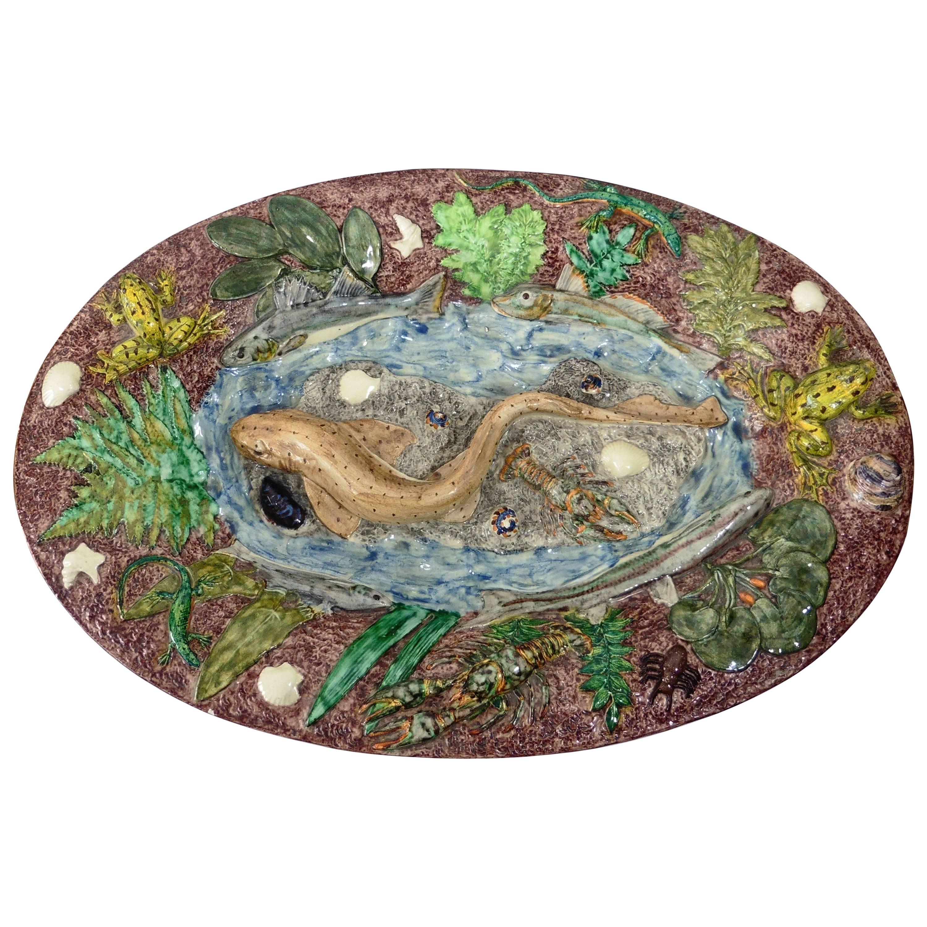 Großer Majolika-Palissy-Fisch-Wandteller, Thomas Sergent, 19. Jahrhundert