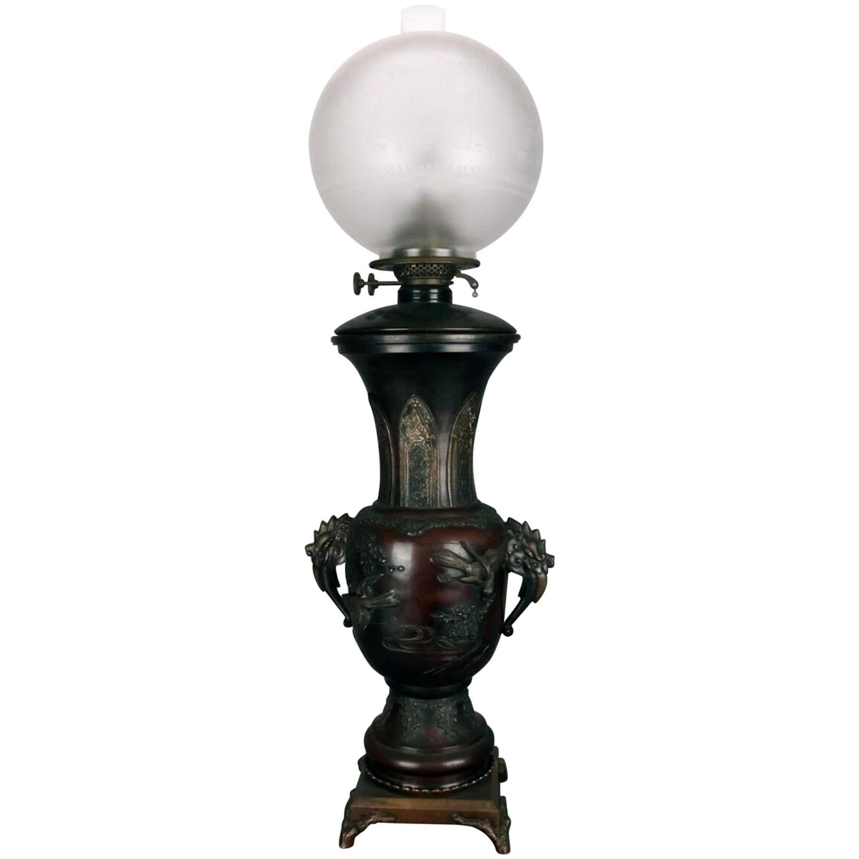 20th Century, Japanese Meiji Figural Bronze Electrified Oil Lamp