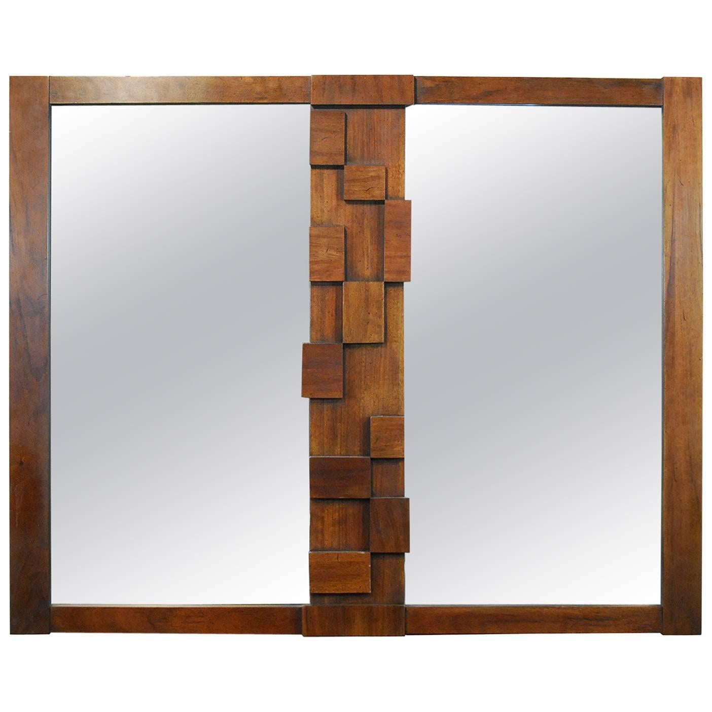 Mid-Century Modern Lane 'Paul Evans' Style Brutalist Walnut Double Mirror For Sale