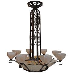 Wonderful Big French Schneider Wrought Iron Frosted Art Deco Chandelier Fixture 4