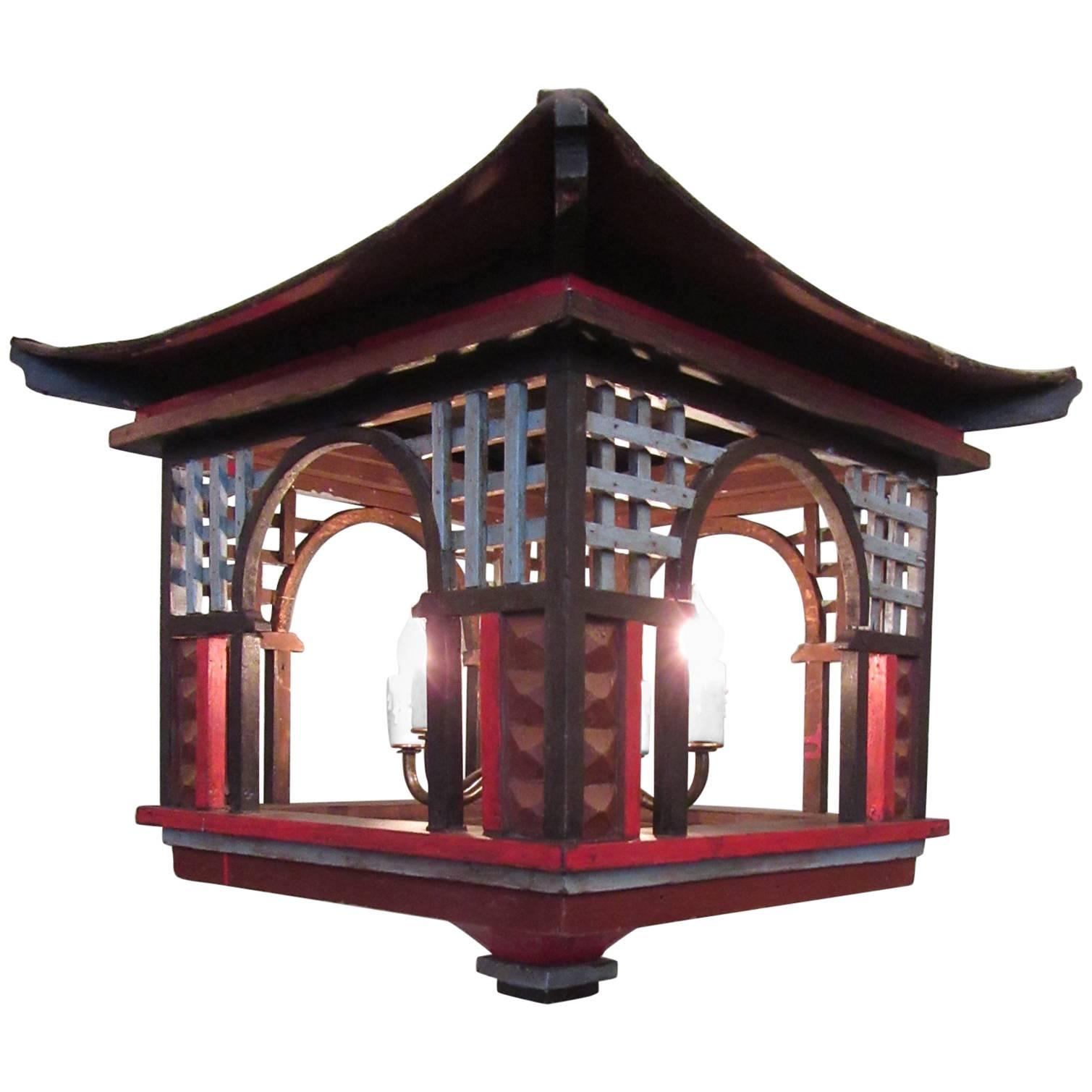 Early 20th Century French Oriental Pagoda Papier Mâché and Wood Lantern