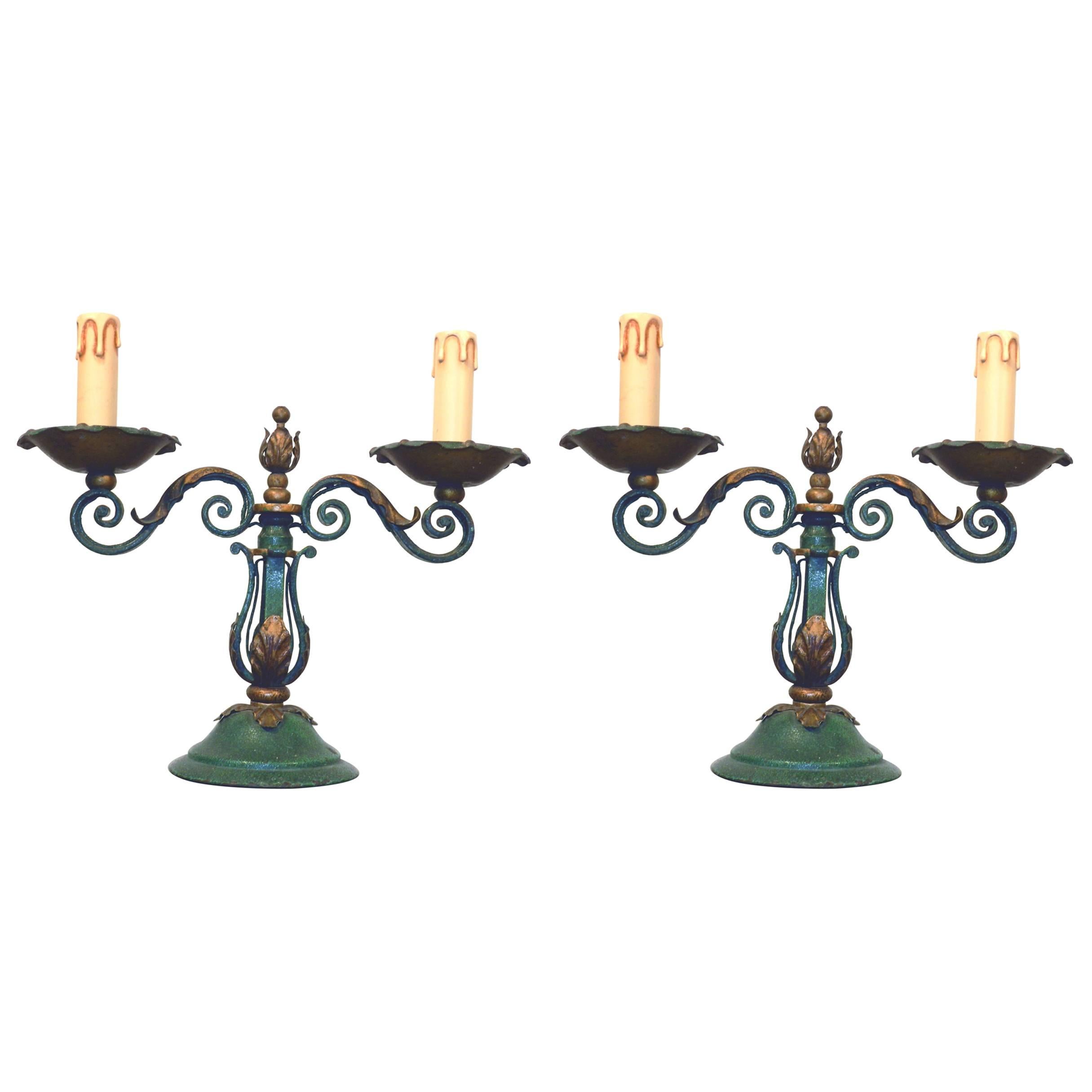 Pair of Art Deco Wrought Iron Table Lamps, circa 1940 For Sale