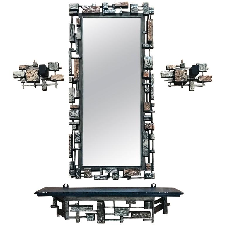 Syroco Mirror and Hanging Shelf with Candle Sconces For Sale at 1stDibs