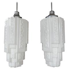 1940s Architectural Art Deco Milk Glass Skyscraper Pendant Lamps, Pair