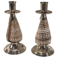 Pair of Sterling Mounted Conus Leopardus Candlesticks