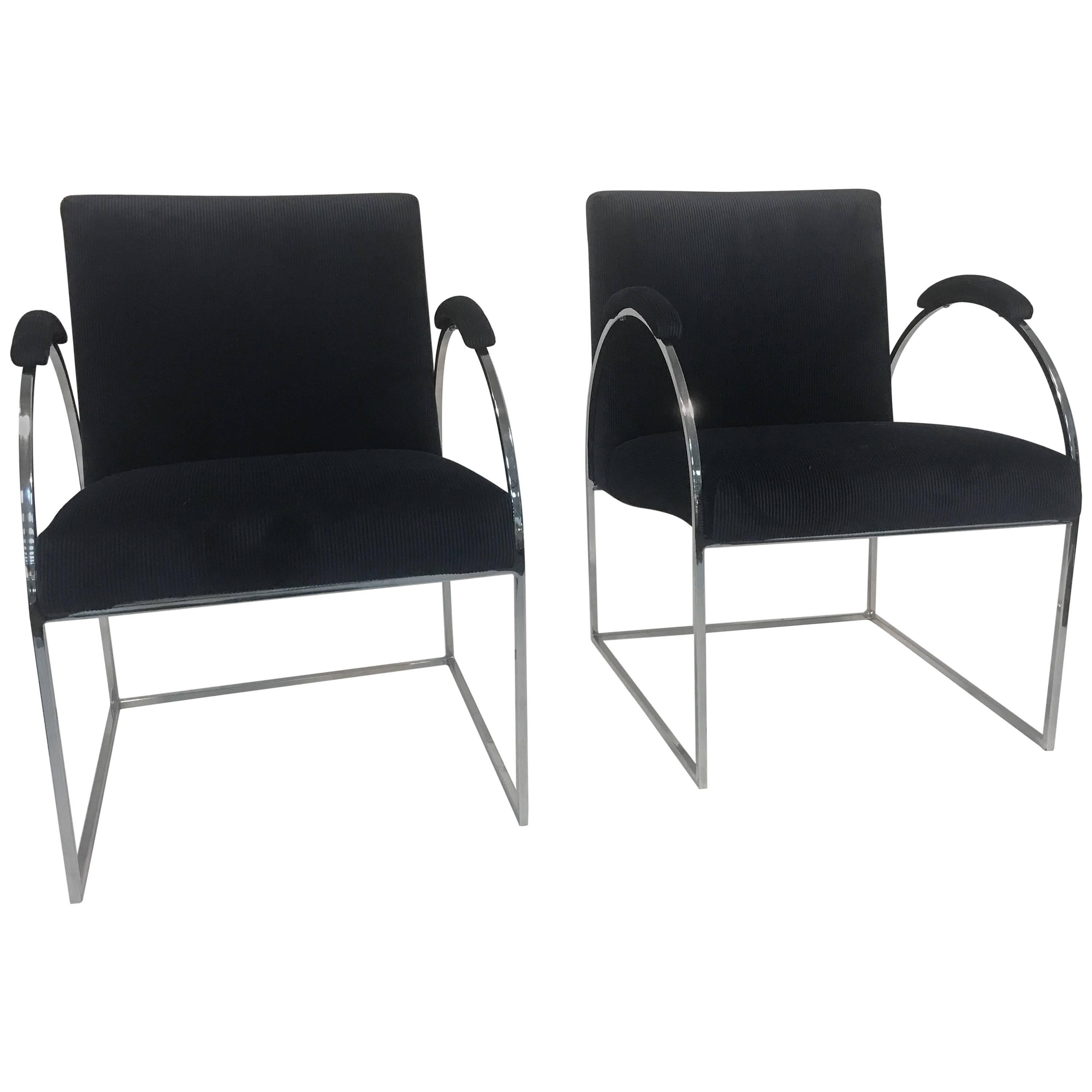 Fabulous Pair of Chrome Chairs by Milo Baughman in Rich Velvet Fabric For Sale