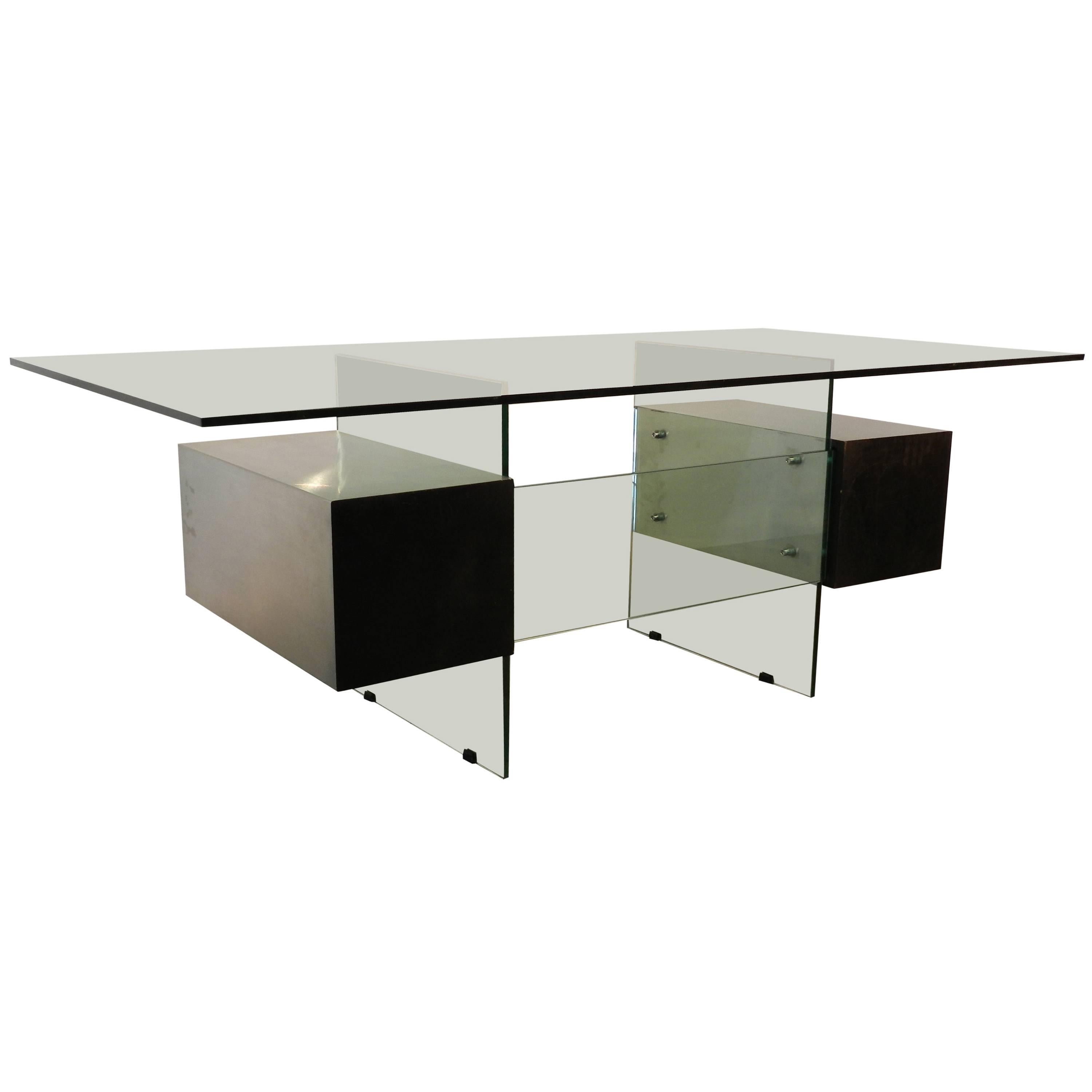 Xavier Marbeau 1970s "Estéral" Stainless Steel, Wood and Glass Desk For Sale