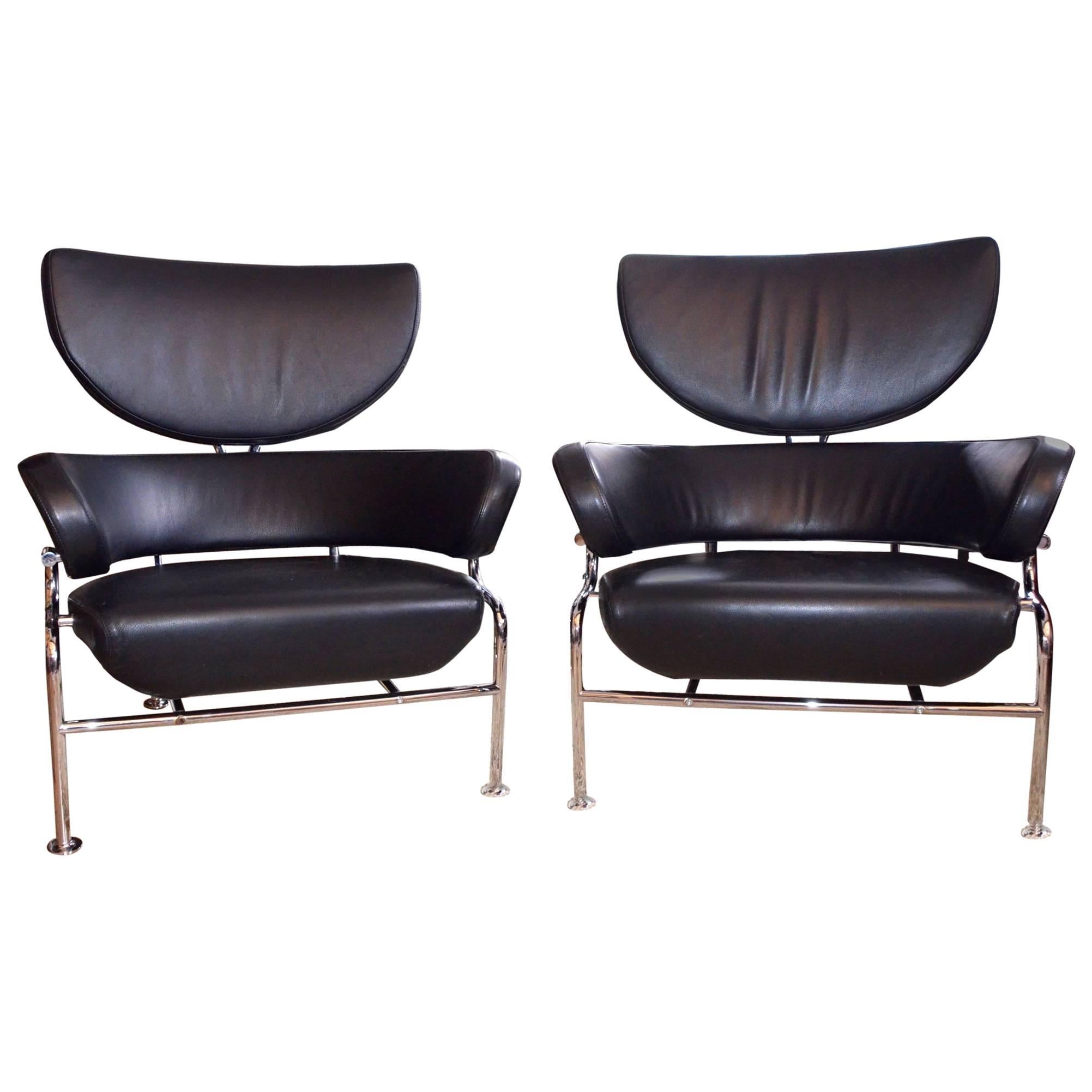 Pair of Black Leather Armchair 'Three Pezzi' by Franco Albini for Cassina For Sale