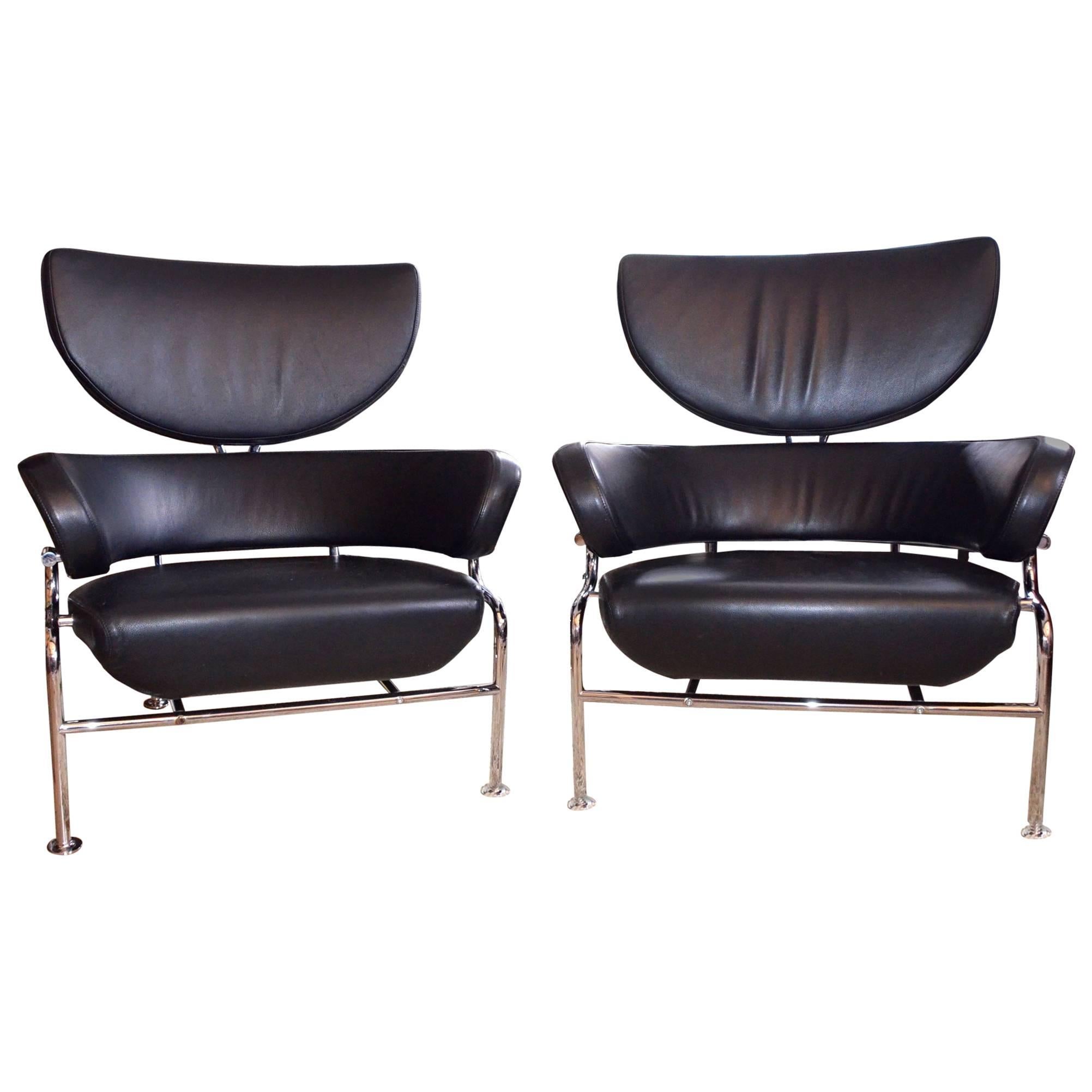 Pair of Black Leather Armchair 
Three Pezzi
 by Franco Albini for Cassina For Sale